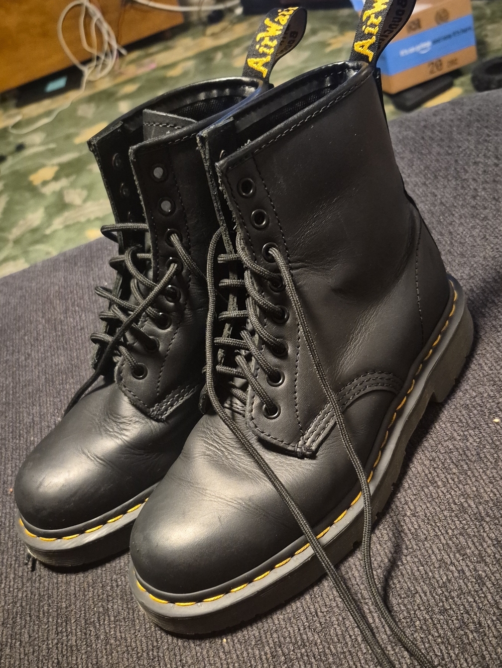 Dr. Martens Women's Black Leather Lace-Up Boots with Yellow Stitching